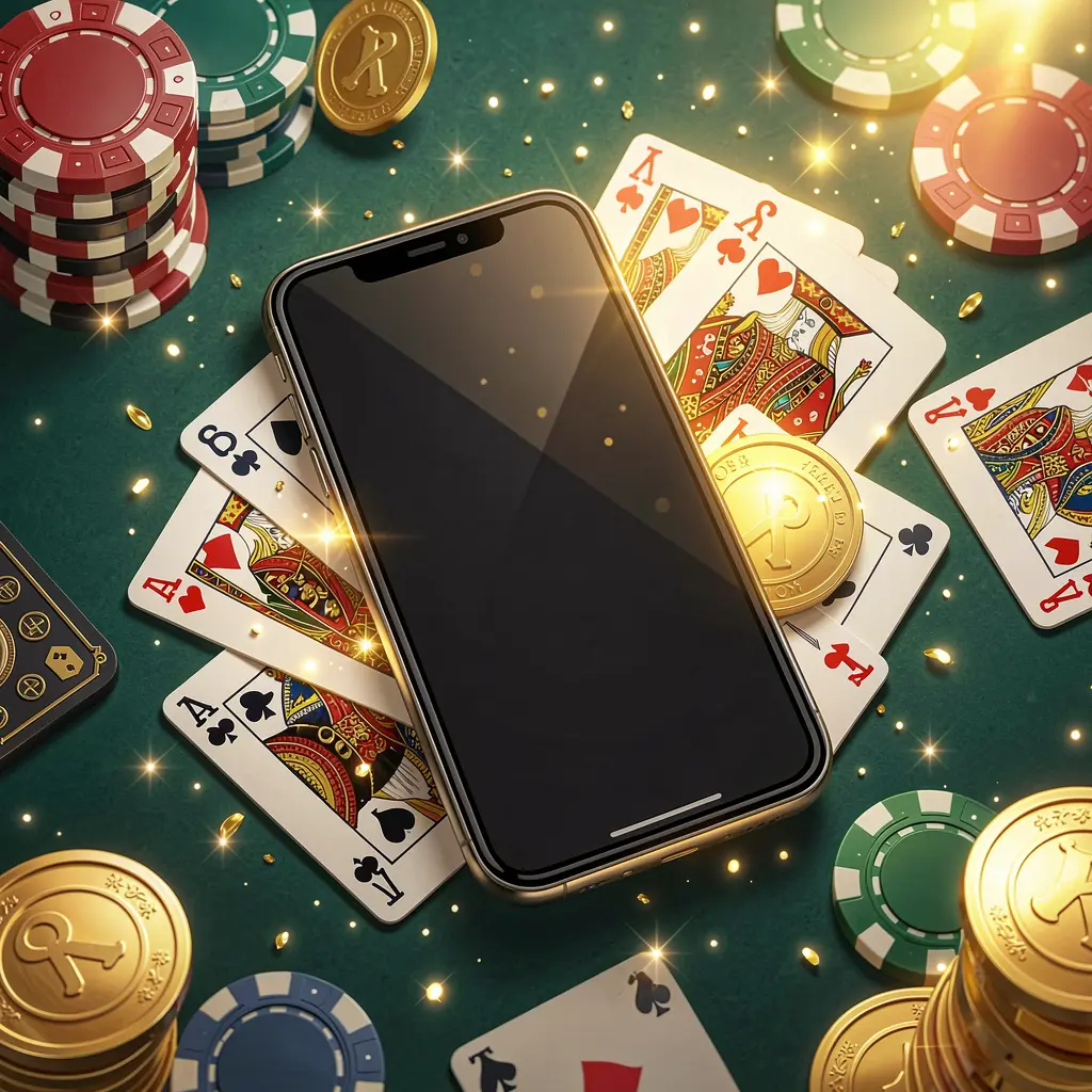 Konsep aplikasi permainan seluler 66 NS yang menampilkan ponsel pintar dikelilingi kartu remi, chip roulette, koin emas, dan lampu berkilau dalam gaya kasino premium