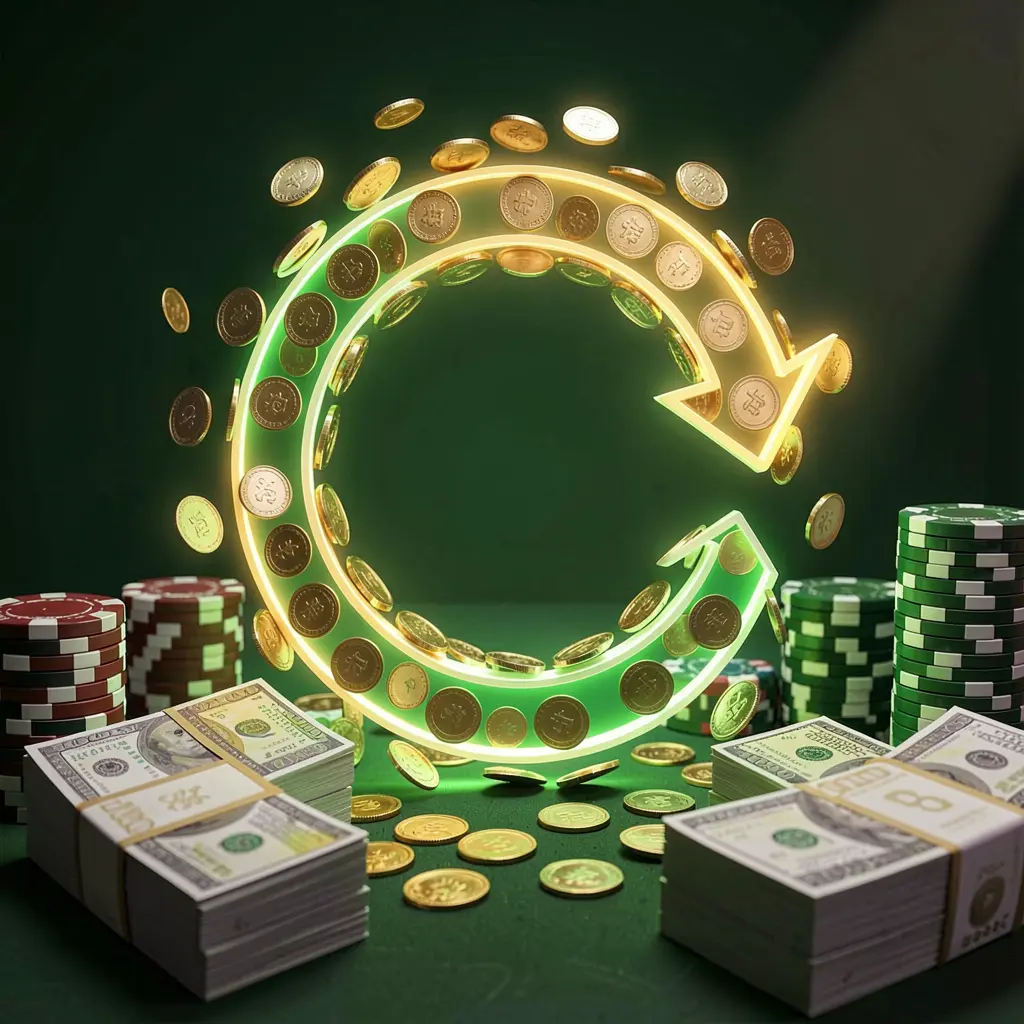 Render 3D realistis adegan bonus cashback kasino yang menampilkan koin bergerak dalam panah melingkar, tumpukan chip, dan bundel uang tunai dengan cahaya hijau dan emas, merepresentasikan bonus kasino 66 NS di Indonesia