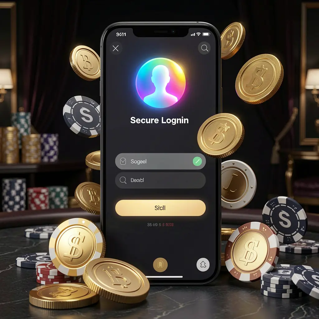 Banner utama halaman masuk kasino online 66 NS yang menampilkan ponsel pintar modern dengan layar masuk aman, ikon profil pengguna bercahaya, koin emas, dan chip poker yang mengelilinginya dengan latar belakang gelap mewah