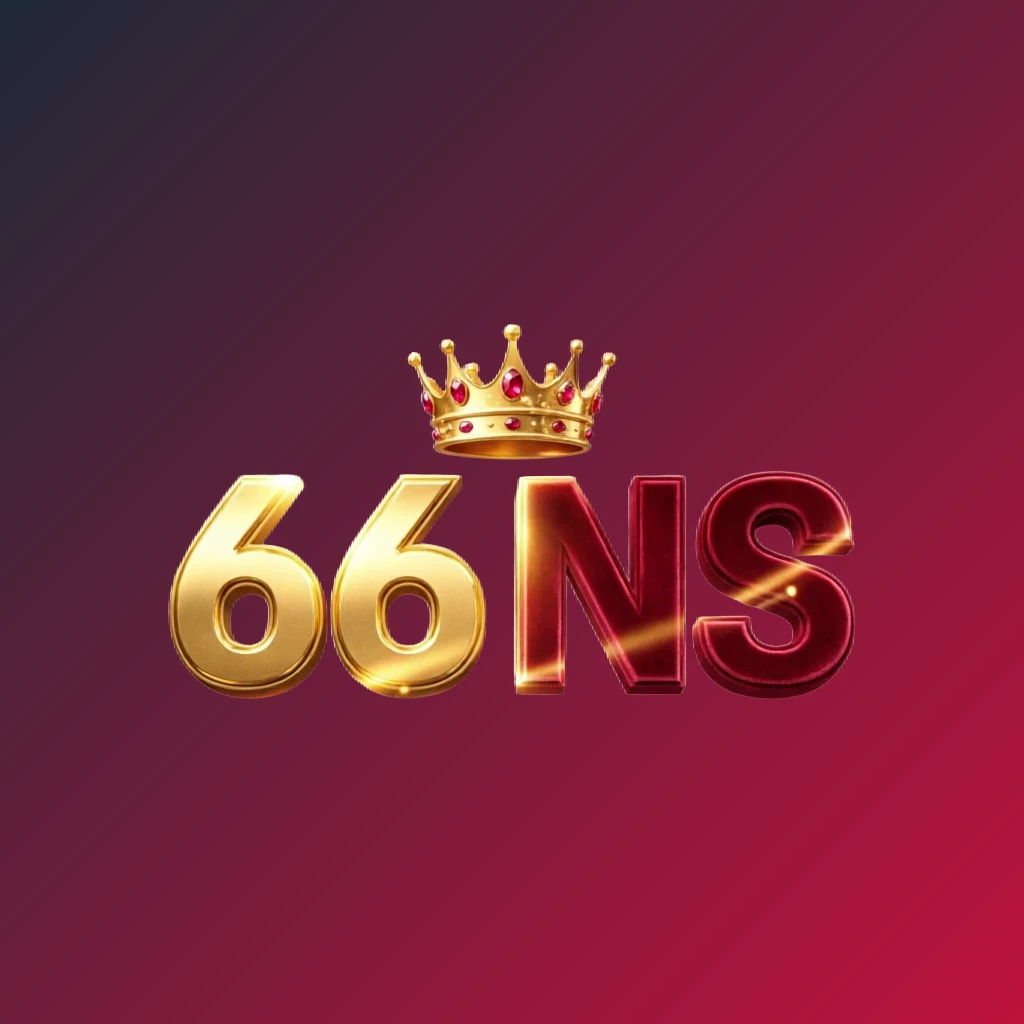 Logo kasino gaya dinamis 66 NS dengan huruf besar tebal berwarna emas cerah dan merah marun, mahkota bercahaya, dan efek cahaya berkilau, latar belakang transparan, desain horizontal untuk header situs web