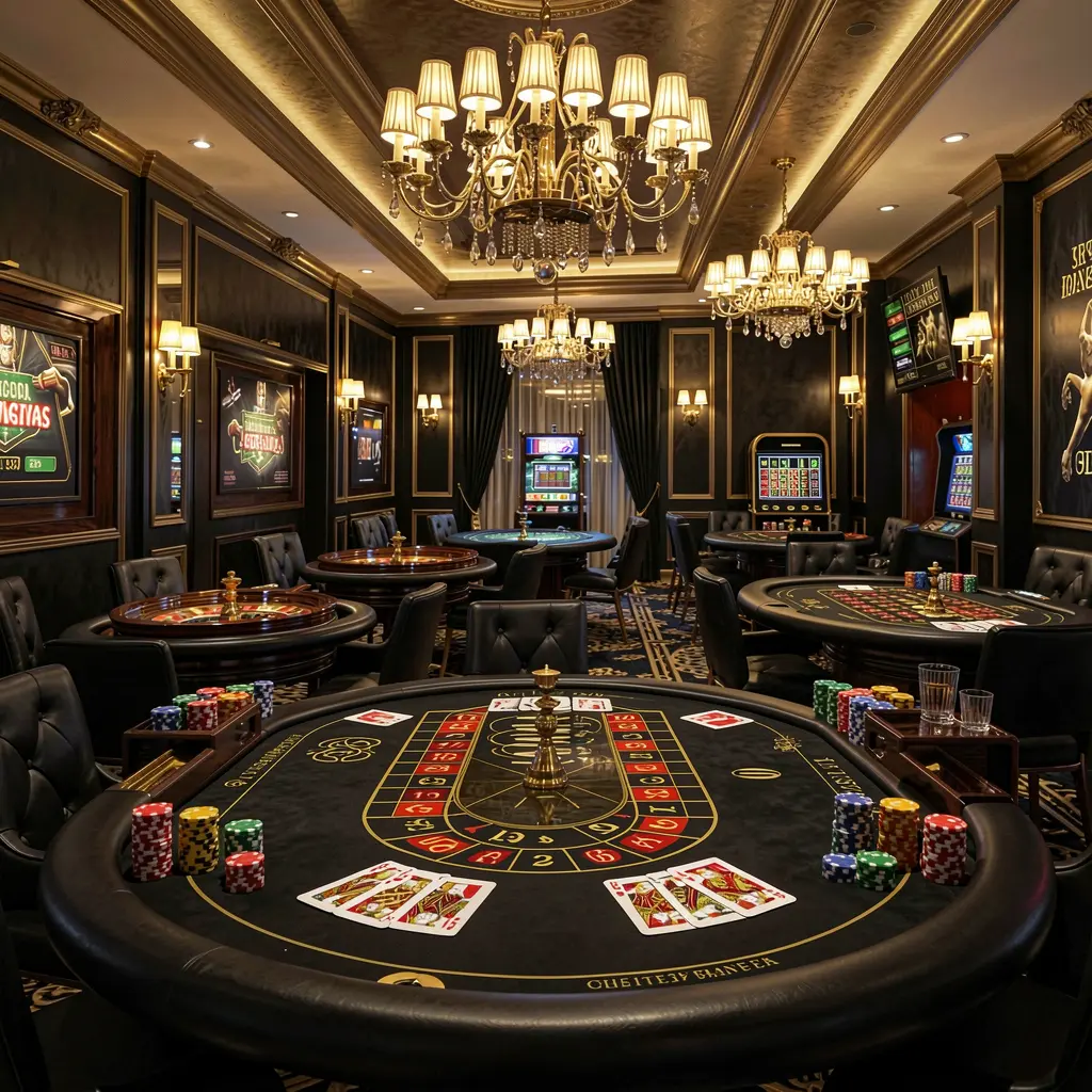 Lobi kasino online mewah 66 NS dengan meja roulette bercahaya, lampu emas, chip poker, dan kartu dalam desain hitam dan emas premium
